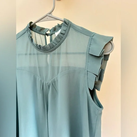 Monteau LA Sage Green Ruffle Sleeveless Blouse | Women S | Sheer Yoke Flowy Top - Picture 2 of 7